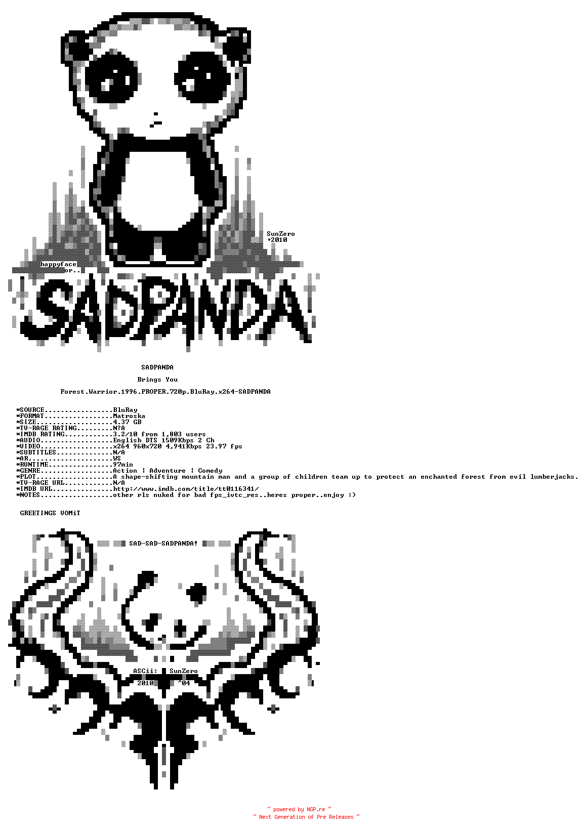 NFO for the release Forest.Warrior.1996.PROPER.720p.BluRay.x264-SADPANDA by SADPANDA