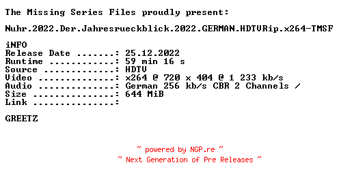 NFO for the release Nuhr.2022.Der.Jahresrueckblick.2022.GERMAN.HDTVRip.x264-TMSF by TMSF