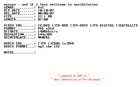 NFO for the release Maroon-And_if_I_Lose_Wellcome_to_Annihilation-(Live)-DVDRiP-x264-2007-PMSVCD by PMSVCD