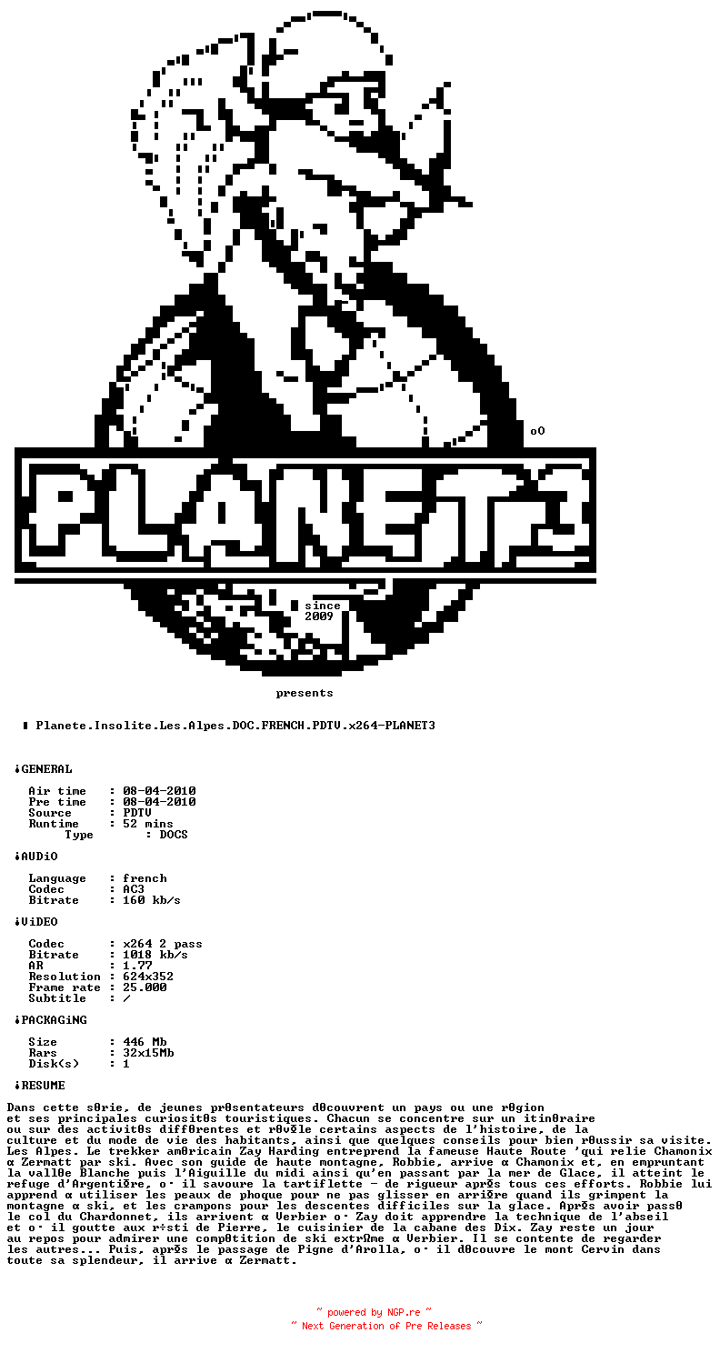 NFO for the release Planete.Insolite.Les.Alpes.DOC.FRENCH.PDTV.x264-PLANET3 by PLANET3