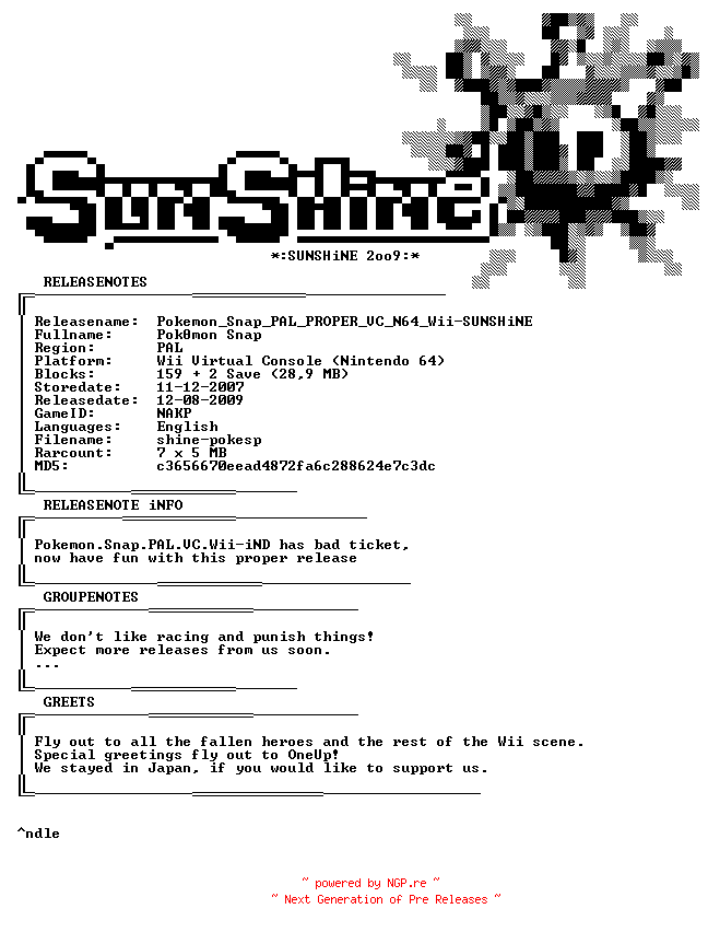 NFO for the release Pokemon_Snap_PAL_PROPER_VC_N64_Wii-SUNSHiNE by SUNSHiNE
