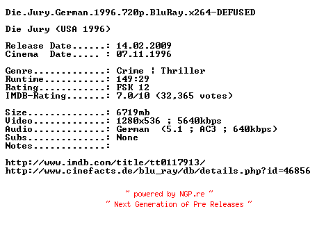 NFO for the release Die.Jury.German.1996.720p.BluRay.x264-DEFUSED by DEFUSED