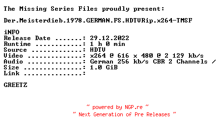 NFO for the release Der.Meisterdieb.1978.GERMAN.FS.HDTVRip.x264-TMSF by TMSF