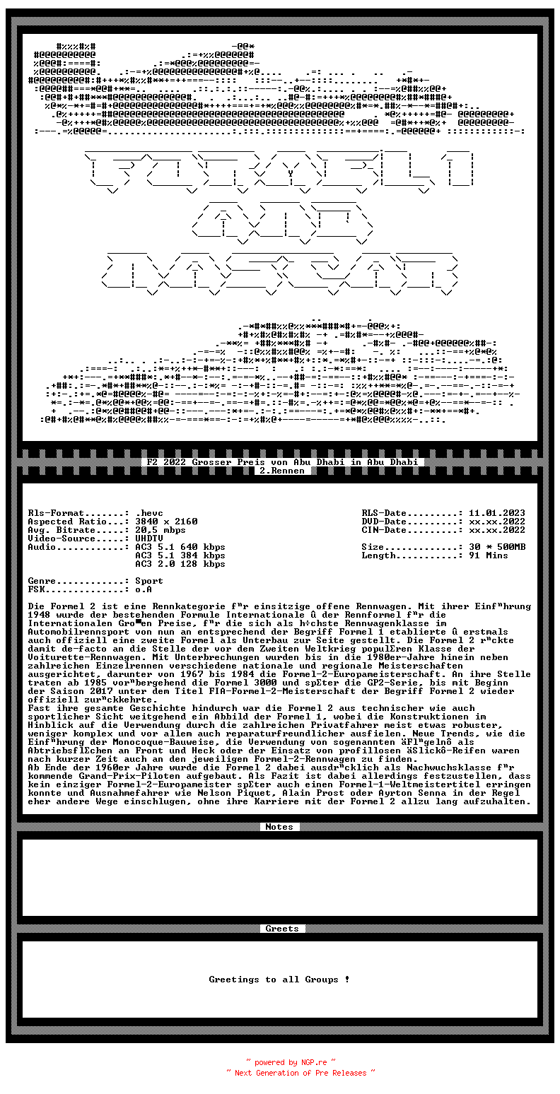 NFO for the release F2.2022.Grosser.Preis.von.Abu.Dhabi.2.Rennen.in.Abu.Dhabi.German.HLG.2160p.UHDTV.HEVC-F1ANA by F1ANA