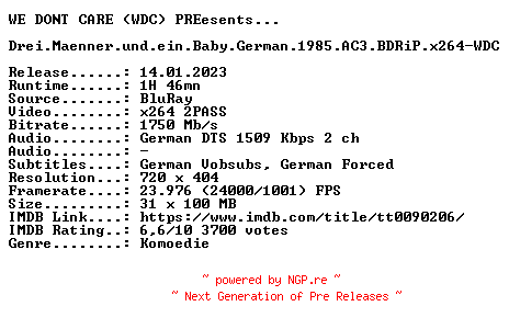 NFO for the release Drei.Maenner.und.ein.Baby.German.1985.REMASTERED.AC3.BDRiP.x264-WDC by WDC