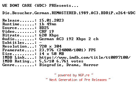 NFO for the release Die.Besucher.German.REMASTERED.1989.AC3.BDRiP.x264-WDC by WDC
