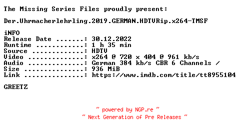 NFO for the release Der.Uhrmacherlehrling.2019.GERMAN.HDTVRip.x264-TMSF by TMSF