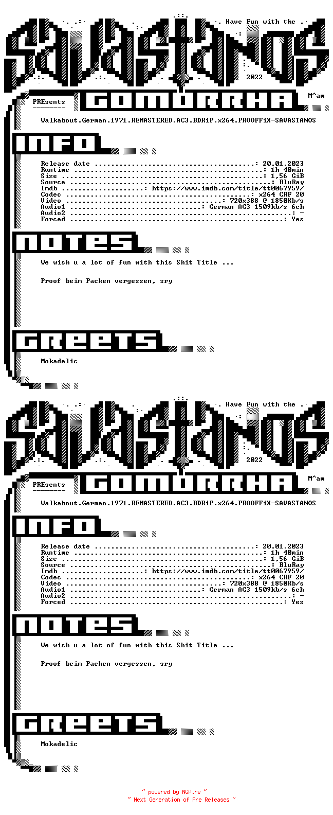 NFO for the release Walkabout.German.1971.REMASTERED.AC3.BDRiP.x264.PROOFFiX-SAVASTANOS by SAVASTANOS