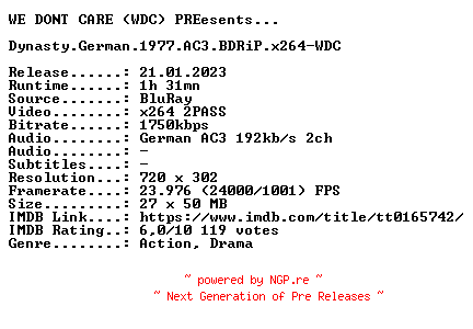NFO for the release Dynasty.German.1977.AC3.BDRiP.x264-WDC by WDC