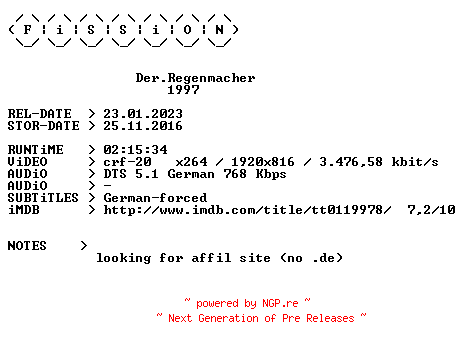 NFO for the release Der.Regenmacher.1997.German.1080p.BluRay.x264.iNTERNAL-FiSSiON by FiSSiON