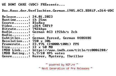 NFO for the release Das.Haus.der.Verfluchten.German.1985.AC3.BDRiP.x264-WDC by WDC