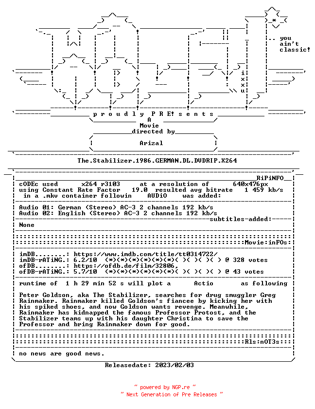 NFO for the release The.Stabilizer.1986.GERMAN.DL.DVDRIP.X264-WATCHABLE by WATCHABLE