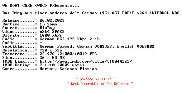 NFO for the release Das.Ding.aus.einer.anderen.Welt.German.1951.AC3.BDRiP.x264.INTERNAL-WDC by WDC