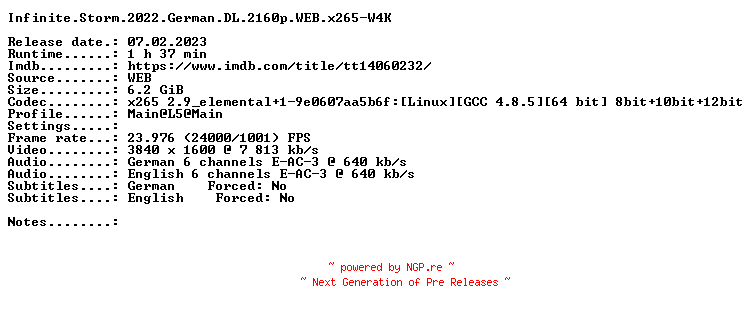 NFO for the release Infinite.Storm.2022.German.DL.2160p.WEB.x265-W4K by W4K