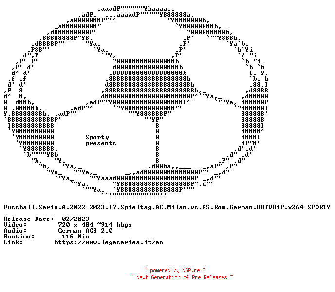 NFO for the release Fussball.Serie.A.2022-2023.17.Spieltag.AC.Milan.vs.AS.Rom.German.HDTVRiP.x264-SPORTY by SPORTY