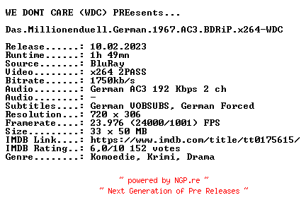 NFO for the release Das.Millionenduell.German.1967.AC3.BDRiP.x264-WDC by WDC