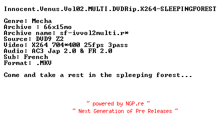 NFO for the release Innocent.Venus.Vol02.MULTI.DVDRip.X264-SLEEPINGFOREST by SLEEPINGFOREST