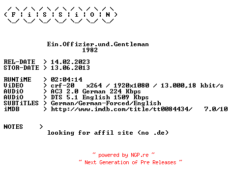 NFO for the release Ein.Offizier.und.Gentleman.1982.German.DL.1080p.BluRay.x264.iNTERNAL-FiSSiON by FiSSiON