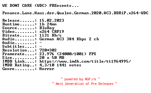NFO for the release Penance.Lane.Haus.der.Qualen.German.2020.AC3.BDRiP.x264-WDC by WDC