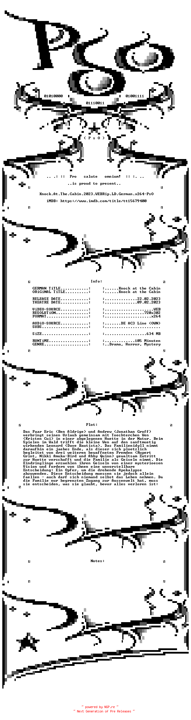 NFO for the release Knock.At.The.Cabin.2023.WEBRip.LD.German.x264-PsO by PsO