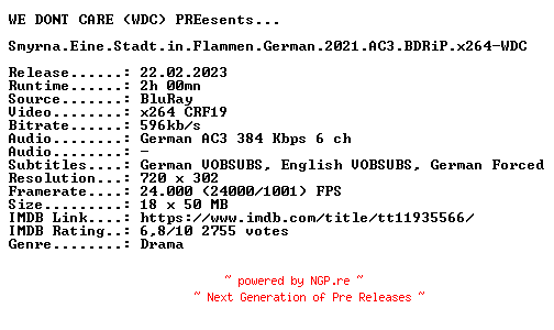 NFO for the release Smyrna.Eine.Stadt.in.Flammen.German.2021.AC3.BDRiP.x264-WDC by WDC