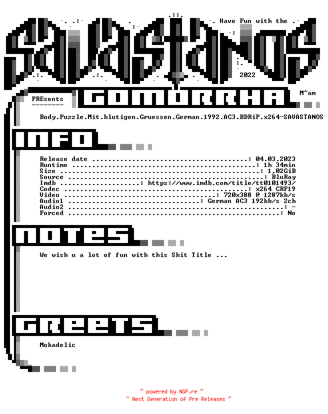 NFO for the release Body.Puzzle.Mit.blutigen.Gruessen.German.1992.AC3.BDRiP.x264-SAVASTANOS by SAVASTANOS