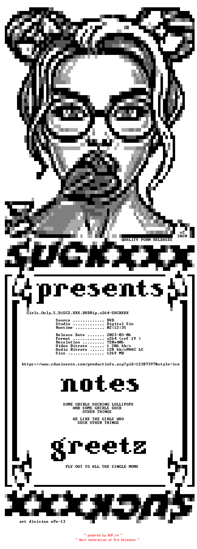 NFO for the release Girls.Only.5.DiSC2.XXX.DVDRip.x264-SUCKXXX by SUCKXXX