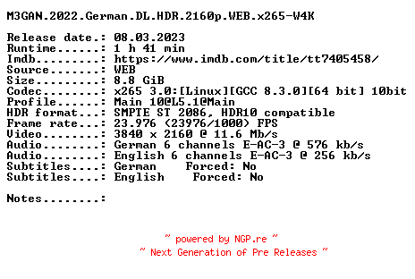 NFO for the release M3GAN.2022.German.DL.HDR.2160p.WEB.x265-W4K by W4K