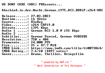 NFO for the release Abschied.in.der.Nacht.REMASTERED.German.1975.AC3.BDRiP.x264-WDC by WDC
