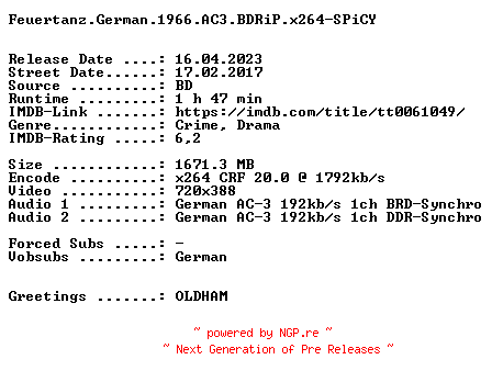 NFO for the release Feuertanz.German.1966.AC3.BDRiP.x264-SPiCY by SPiCY