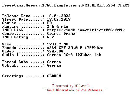 NFO for the release Feuertanz.German.1966.Langfassung.AC3.BDRiP.x264-SPiCY by SPiCY