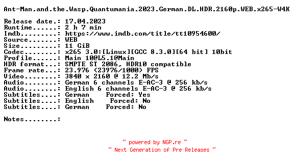 NFO for the release Ant-Man.and.the.Wasp.Quantumania.2023.German.DL.HDR.2160p.WEB.x265-W4K by W4K
