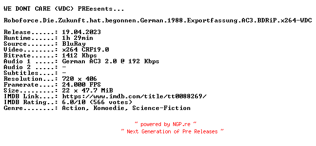NFO for the release Roboforce.Die.Zukunft.hat.begonnen.German.1988.Exportfassung.AC3.BDRiP.x264-WDC by WDC