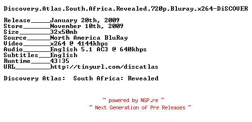 NFO for the release Discovery.Atlas.South.Africa.Revealed.720p.Bluray.x264-DiSCOVER by DiSCOVER