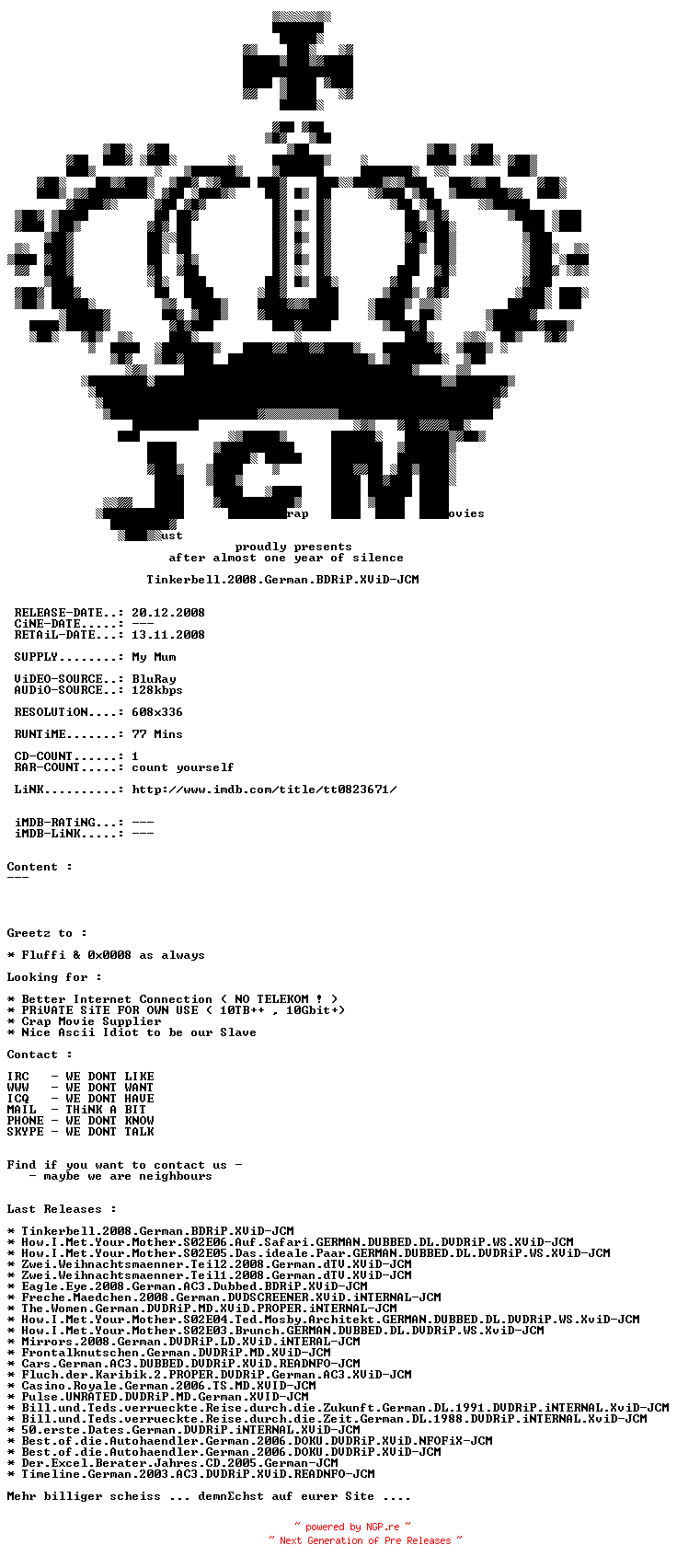 NFO for the release Tinkerbell.2008.German.BDRiP.XViD-JCM by JCM