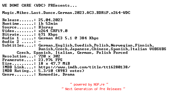 NFO for the release Magic.Mikes.Last.Dance.German.2023.AC3.BDRiP.x264-WDC by WDC
