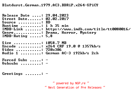 NFO for the release Blutdurst.German.1979.AC3.BDRiP.x264-SPiCY by SPiCY
