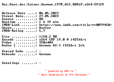 NFO for the release Das.Haus.des.Satans.German.1978.AC3.BDRiP.x264-SPiCY by SPiCY