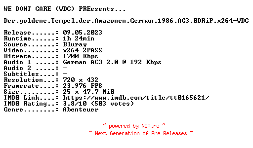NFO for the release Der.goldene.Tempel.der.Amazonen.German.1986.AC3.BDRiP.x264-WDC by WDC