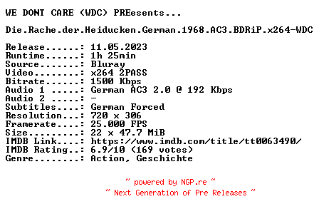 NFO for the release Die.Rache.der.Heiducken.German.1968.AC3.BDRiP.x264-WDC by WDC