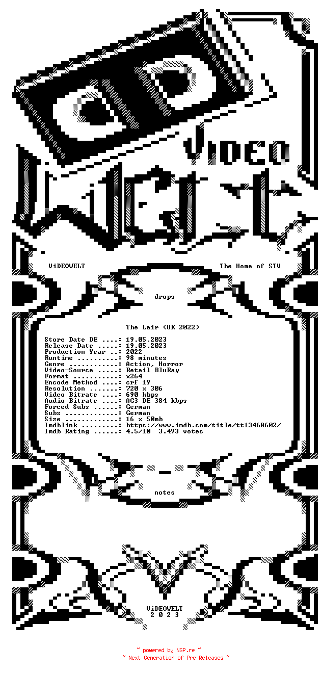 NFO for the release The.Lair.German.2022.AC3.BDRip.x264-ViDEOWELT by ViDEOWELT