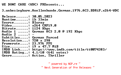 NFO for the release 3.unbesiegbare.Hoellenhunde.German.1976.AC3.BDRiP.x264-WDC by WDC