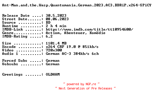 NFO for the release Ant-Man.and.the.Wasp.Quantumania.German.2023.AC3.BDRiP.x264-SPiCY by SPiCY