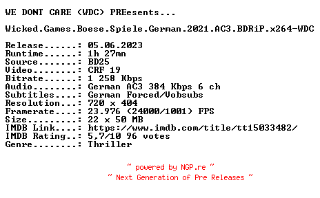 NFO for the release Wicked.Games.Boese.Spiele.German.2021.AC3.BDRiP.x264-WDC by WDC