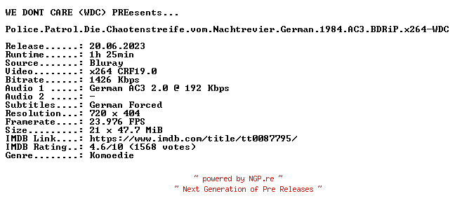NFO for the release Police.Patrol.Die.Chaotenstreife.vom.Nachtrevier.German.1984.AC3.BDRiP.x264-WDC by WDC