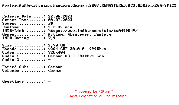 NFO for the release Avatar.Aufbruch.nach.Pandora.German.2009.REMASTERED.AC3.BDRip.x264-SPiCY by SPiCY