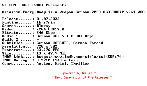 NFO for the release Assassin.Every.Body.is.a.Weapon.German.2023.AC3.BDRiP.x264-WDC by WDC
