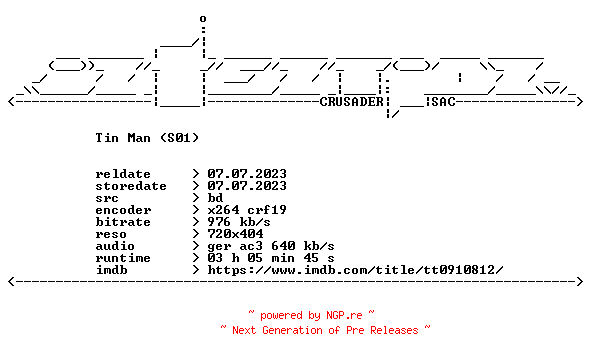 NFO for the release Tin.Man.S01.German.BDRip.x264-iNTENTiON by iNTENTiON