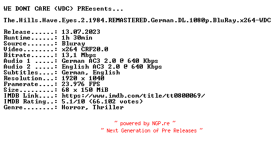 NFO for the release The.Hills.Have.Eyes.2.1984.REMASTERED.German.DL.1080p.BluRay.x264.DiRFiX-WDC by WDC