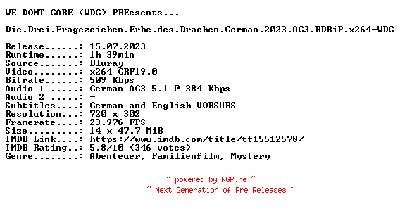 NFO for the release Die.Drei.Fragezeichen.Erbe.des.Drachen.German.2023.AC3.BDRiP.x264-WDC by WDC